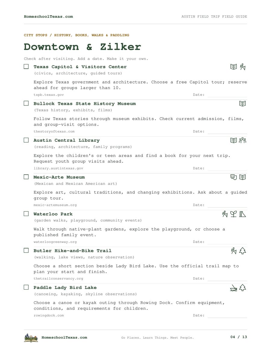 Sample page: Downtown & Zilker from Austin, Texas: A Homeschool Field Trip Field Guide, with stops to check off, activity symbols and date lines