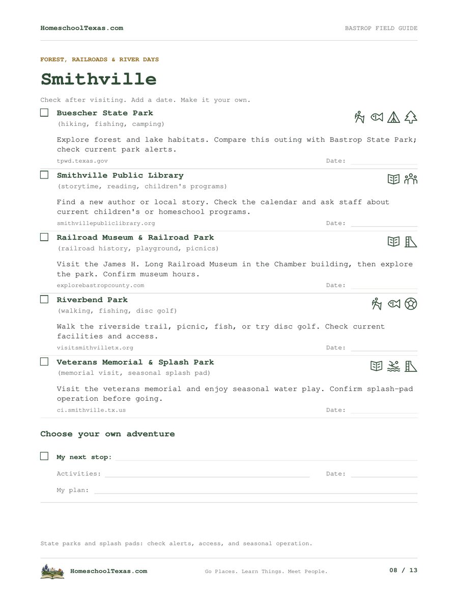 Sample page: Smithville from Bastrop, Texas: A Homeschool Field Trip Field Guide, with stops to check off, activity symbols and date lines