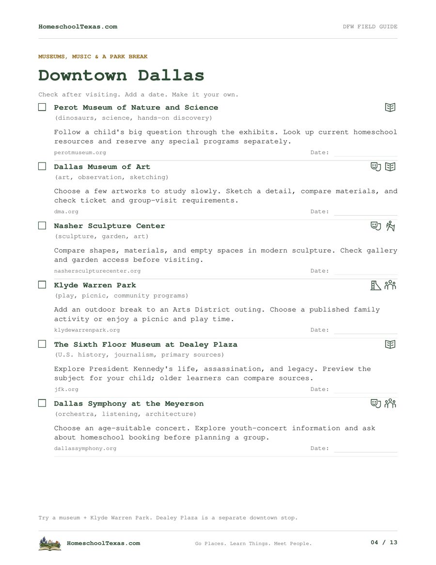 Sample page: Downtown Dallas from Dallas-Fort Worth: A Homeschool Field Trip Field Guide, with stops to check off, activity symbols and date lines