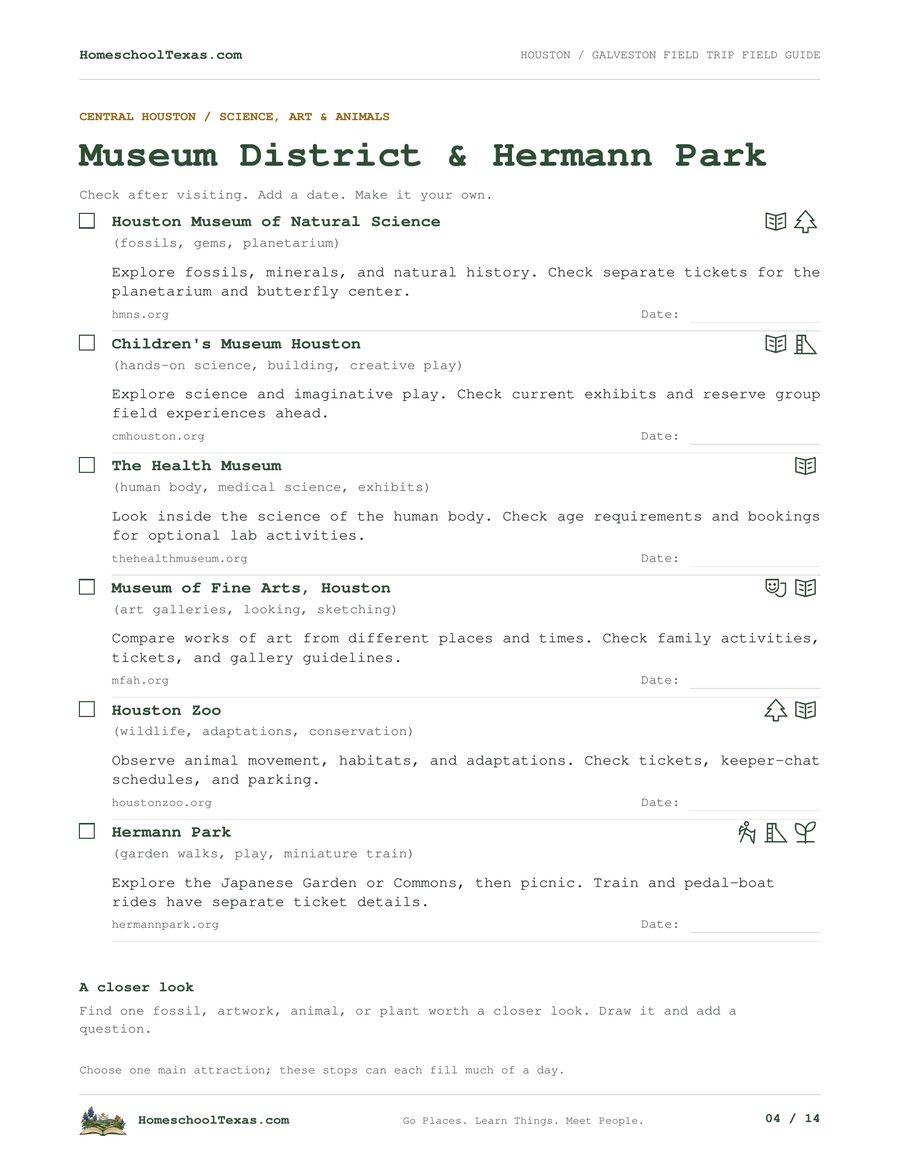 Sample page: Museum District & Hermann Park from Houston / Galveston: A Homeschool Field Trip Field Guide, with stops to check off, activity symbols and date lines