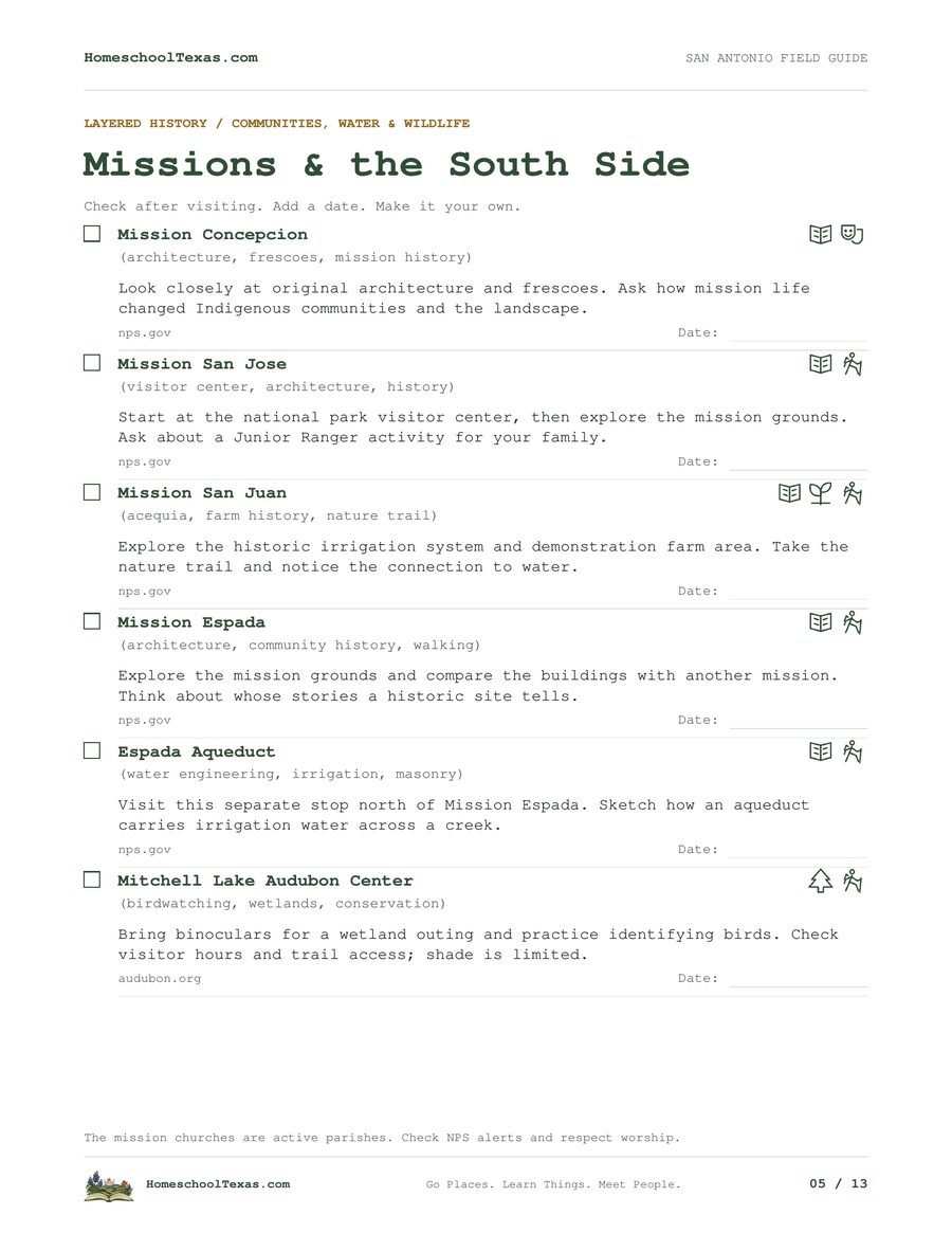 Sample page: Missions & the South Side from San Antonio, Texas: A Homeschool Field Trip Field Guide, with stops to check off, activity symbols and date lines