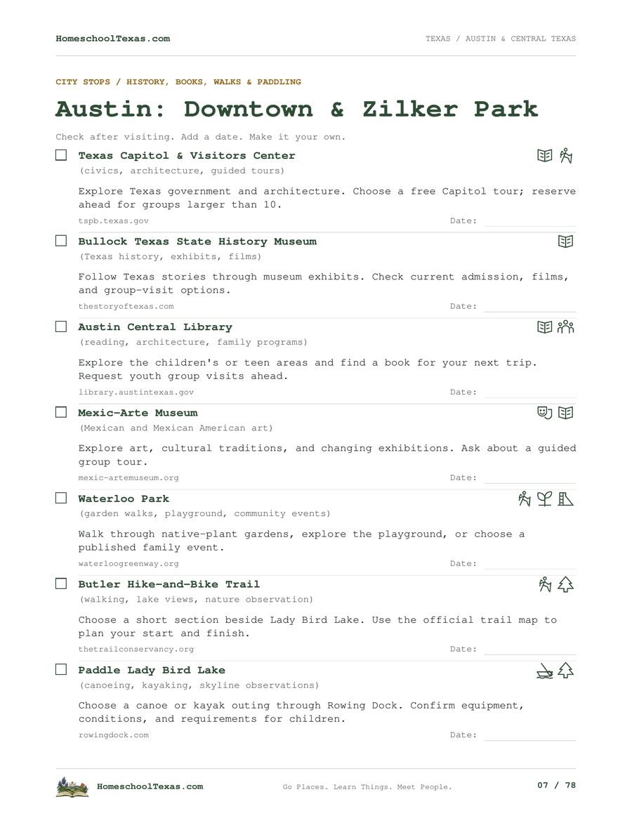 Sample page: Austin, Downtown & Zilker Park from Texas: A Homeschool Field Trip Field Guide, with stops to check off, activity symbols and date lines