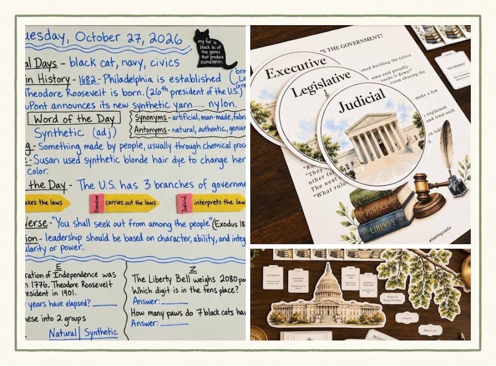 A whiteboard for Tuesday, October 27, 2026 with national days, a list of events from history, the word of the day "synthetic," a Bible verse and math questions, next to printed cards about the three branches of government