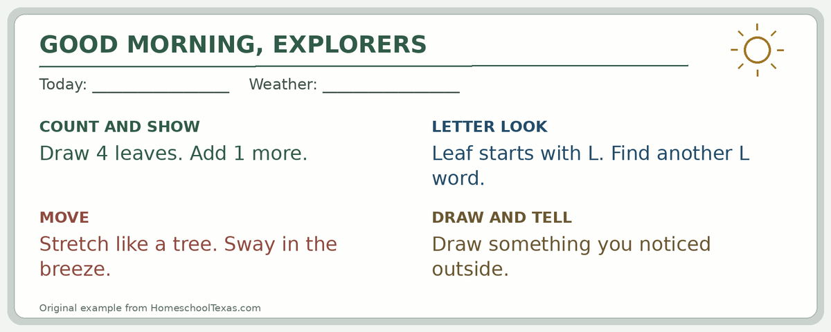 Early learner whiteboard with leaf counting, the letter L, a tree movement prompt and an outdoor drawing invitation