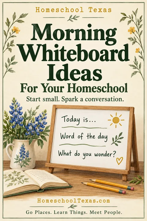 Pinterest graphic: Morning Whiteboard Ideas for Your Homeschool. Start small. Spark a conversation. An illustrated small whiteboard reading Today is, Word of the day, What do you wonder, beside bluebonnets, an open book and pencils. HomeschoolTexas.com. Go Places. Learn Things. Meet People.