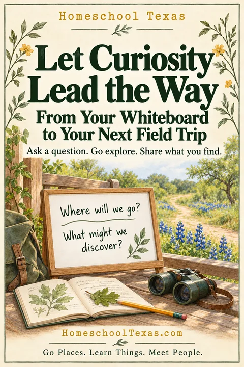 Share graphic: Let Curiosity Lead the Way. From Your Whiteboard to Your Next Field Trip. Ask a question. Go explore. Share what you find. A whiteboard reading Where will we go? What might we discover? on a porch rail with a field journal, binoculars and a backpack, looking out at a bluebonnet path. HomeschoolTexas.com. Go Places. Learn Things. Meet People.
