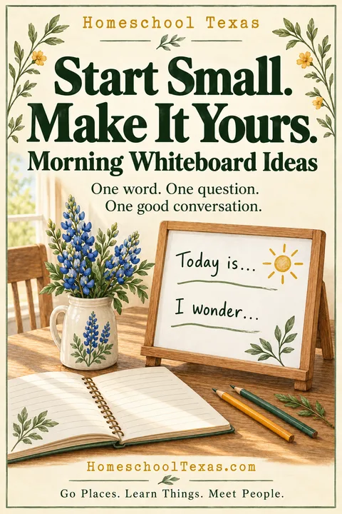 Share graphic: Start Small. Make It Yours. Morning Whiteboard Ideas. One word. One question. One good conversation. A small whiteboard reading Today is and I wonder, beside bluebonnets in a pitcher, an open notebook and pencils. HomeschoolTexas.com. Go Places. Learn Things. Meet People.